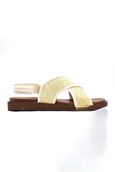 Biocomfort Women's Beige Straw Pattern Elastic Casual Stylish Slippers Sandals