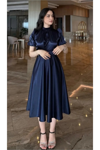 MOODMODA Nil Lacivert Kloş Etek Kısa Kol Midi Boy Saten Abiye Elbise