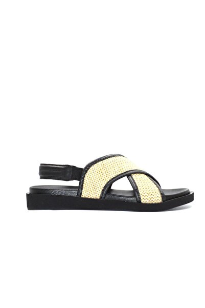 Biocomfort Women's Black Straw Pattern Elastic Casual Stylish Slippers Sandals