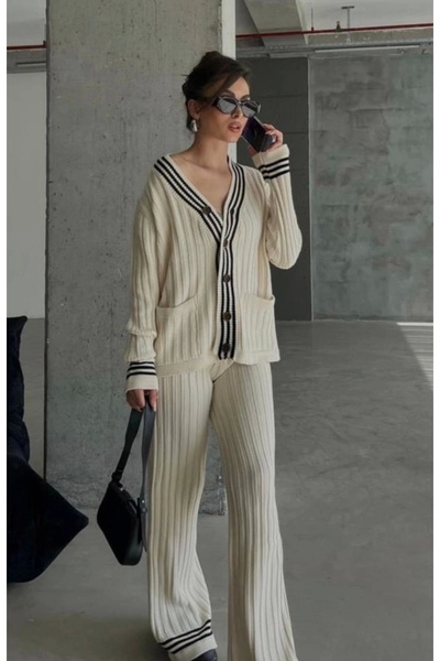 Lusin Women's Ecru Gold Button Detailed Striped Pocketed Cardigan Trouser Bottom Top Double Knitwear Set
