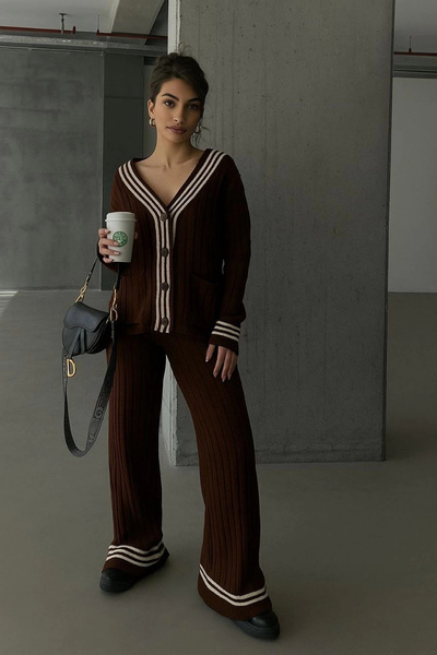 Lusin Women's Brown Gold Button Detailed Striped Pocketed Cardigan Trouser Bottom Top Double Knitwear Set