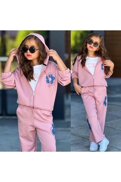 JOYBOY KİDS 3-Piece Zippered Hooded Bottom-Girls' Tracksuit Floral Inner Badili Girl's Set Suitable for School