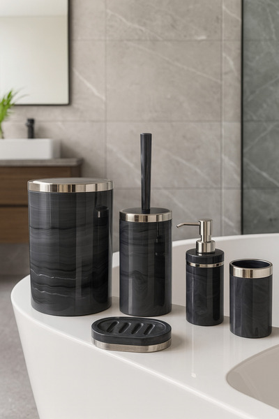 Kalbelek Dark Marble 5 Parça Akrilik Banyo Seti Çöp Kovası Fırçalık Sabunluk ...