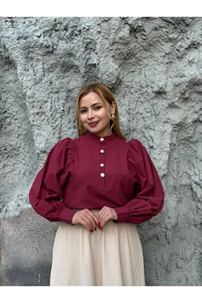 369 etnik butik Gold Button Detailed Balloon Sleeve Stand Collar Women's Blouse