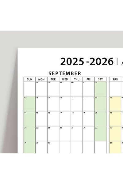 bi'aldım Amerikan Standardı 2025-2026 Akademik Duvar Takvimi, Eylül Başlangıçlı Takvim, Pazar Günü Başlangıçl