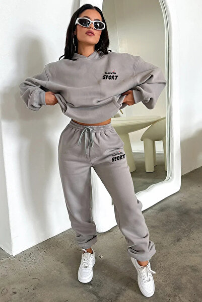 macklin Unisex Erkek Kadın Sport Baskılı Oversize 3 İplik Kapüşonlu Eşofman Takımı