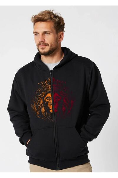 Daxia Kapşonlu Oversize Mevsimlik Siyah Hırka SARI KIRMIZI ASLAN BASKILI ( YENİ ÜRÜN )