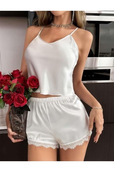 ALFA AKSESUAR 03 White Lace Embroidered Thin Strap Satin Shorts Suit