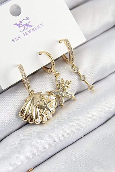 ALFA AKSESUAR 03 Brass Zircon Stone 3-Piece Oyster and Star Model Gold Color Women's Earrings - Tj-Bkp11144
