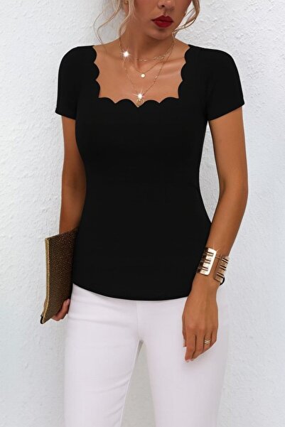 ALPACO Bluză Janjan din crep cu mânecă scurtă și guler pătrat pentru femei -COLECȚIE