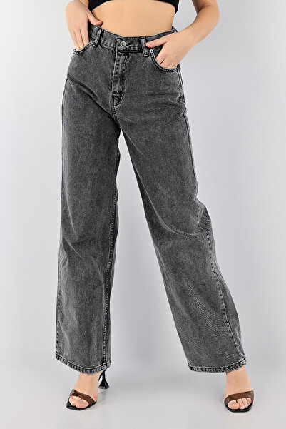 geenz manifacture Cante Дамски сиви еластични панталони с висока талия и широ...