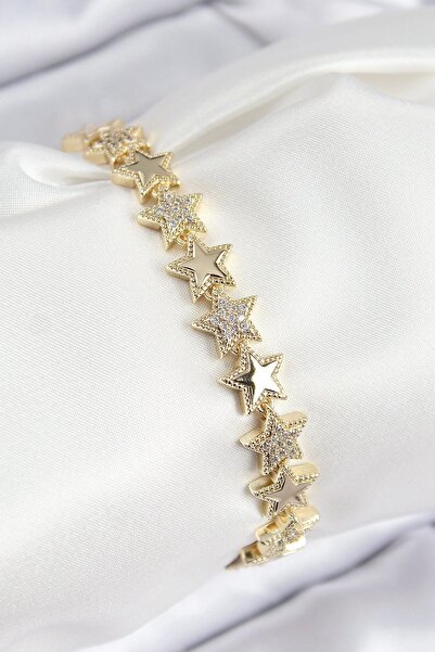 ALFA AKSESUAR 03 Vip Brass Zircon Stone Star Model Gold Color Women's Bracelet - Tj-Bb7768
