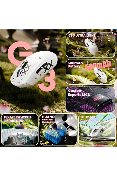 Attack Shark G3 PRO 25000 DPI Ultra Hafif PAW3311 3 Modlu Kablosuz Oyuncu Faresi