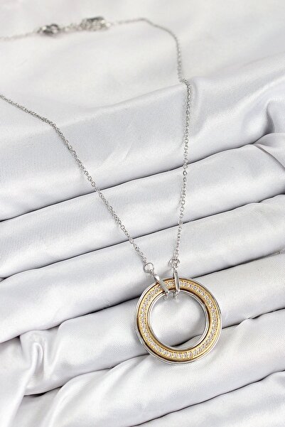 ALFA AKSESUAR 03 316L Steel Zircon Stone Rotating Circle Model Gold and Silver Color Women's Necklace - Tj-Bko10479