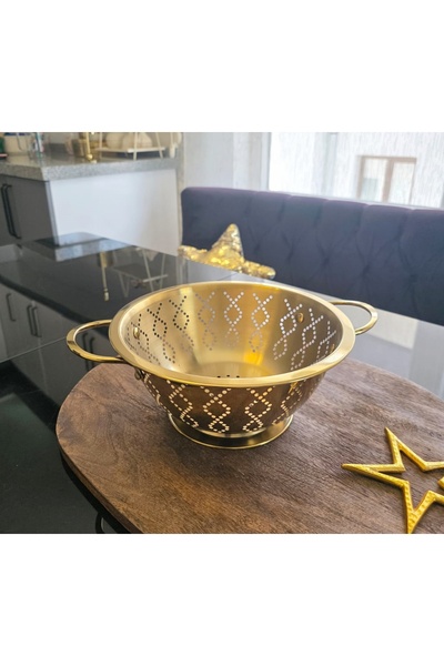 LOVYCO مصفاة أواني من الفولاذ المقاوم للصدأ بمقبض ذهبي، مصفاة معكرونة ومصفاة خضار وفواكه، 24 سم