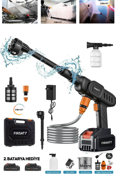 Fırsat7 Şarjlı Ve Yüksek Basınçlı Oto Yıkama Köpük Makinesi Sulama Tabancası Makinesi 2ADET BATARYA HEDİYE