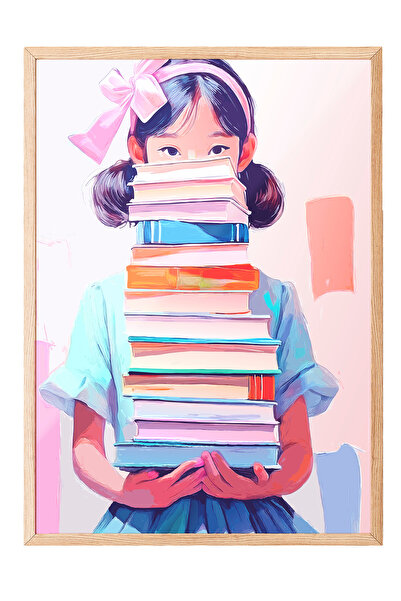 Zestia Tablou cu ramă din lemn, ilustrație cu fată cu grămadă de cărți, decor...
