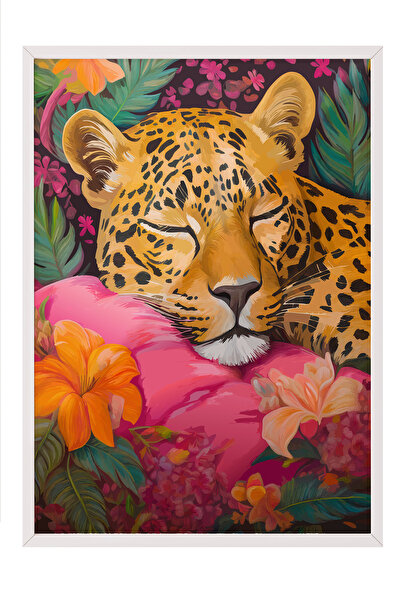 Zestia Tablou înrămat alb, Leopard și flori, Poster decorativ pentru sufrager...