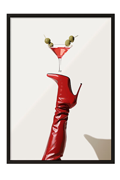 Zestia Tablou înrămat negru, cu Cizme Roșii și Martini, Poster Decor pentru S...