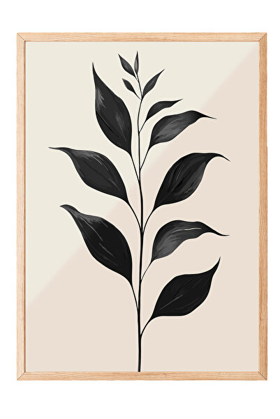 Zestia Tablou cu ramă din lemn, siluetă minimalistă de frunză – alb-negru, po...