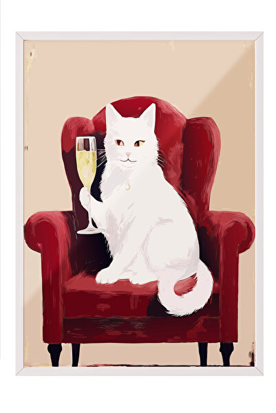 Zestia Tablou cu ramă albă, Pisică albă pe un fotoliu roșu, Poster decorativ ...