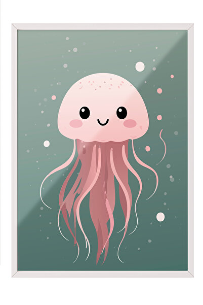 Zestia Tablou cu ramă albă, Meduză drăguță, Poster decorativ pentru camera co...