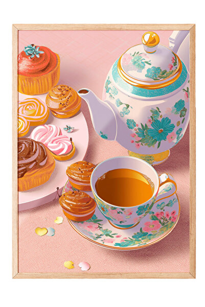 Zestia Tablou cu ramă din lemn, Ceai și prăjituri – Decor cald pentru bucătăr...