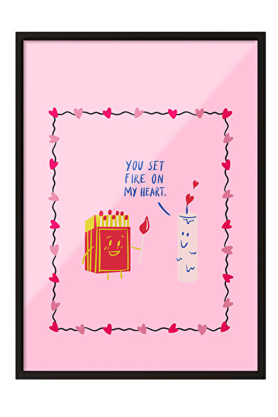 Zestia Tablou cu ramă neagră, Ilustrație minimalistă a iubirii – Tonuri de ro...