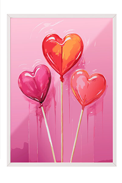 Zestia Beyaz Çerçeveli Tablo, Kalp Balonlar – Romantik Hediye, Yatak Odası De...
