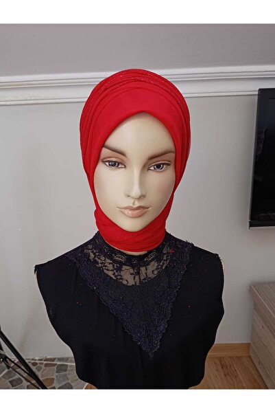 BERKE TUHAFIYE AKSESUAR Light Red Scarf Type Drape Glitter Model Ready-Made Veil Ready-Made Shawl Ready-Made Turban