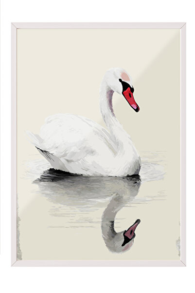 Zestia Tablou înrămat alb, Lebădă albă și reflexie, Poster decorativ pentru d...