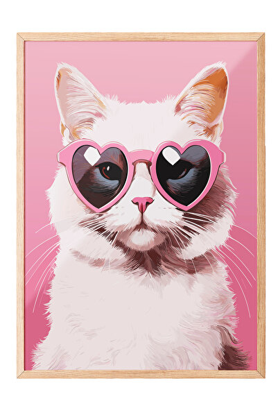 Zestia Tablou cu ramă din lemn, Pisică cu ochi de inimă, Poster decorativ pen...