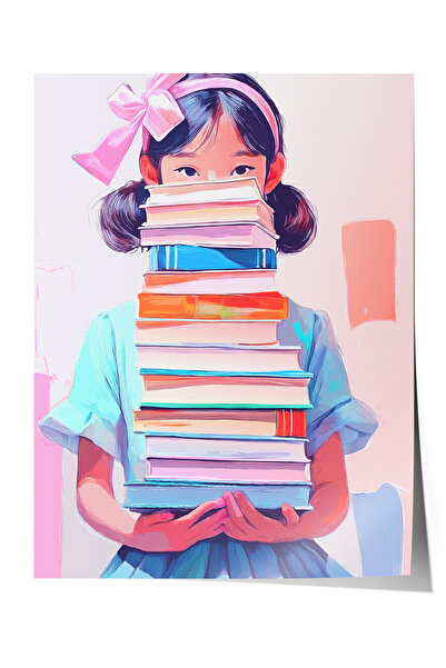 Zestia Αφίσα χωρίς πλαίσιο, Εικονογράφηση κοριτσιού με σωρό βιβλίων, Διακόσμη...
