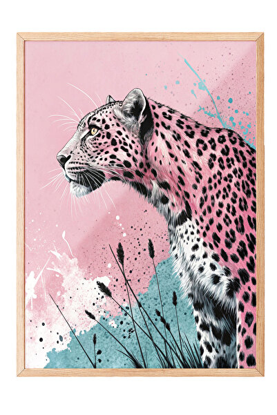 Zestia Картина с дървена рамка, розов леопард – съвременно изкуство, постер з...