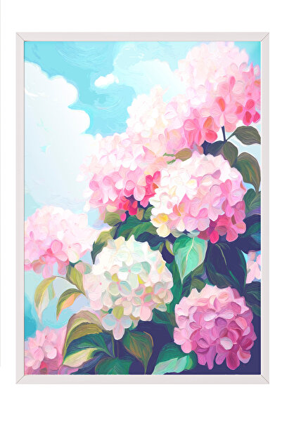 Zestia Beyaz Çerçeveli Tablo, Ortanca Çiçekleri, Yatak Odası Dekoru Poster No...