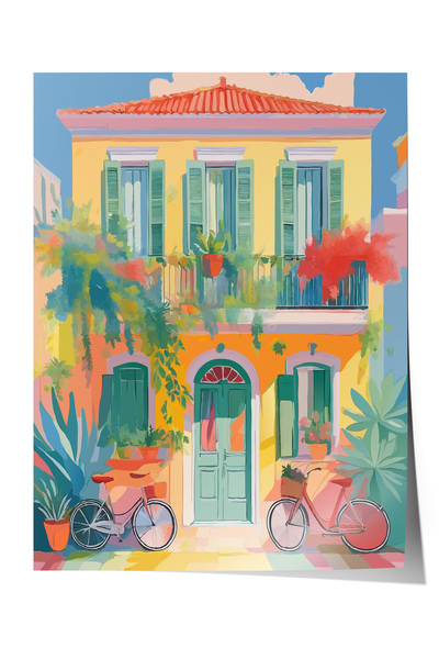 Zestia Poster fără ramă, Casă și bicicletă în stil mediteranean, Poster decor...