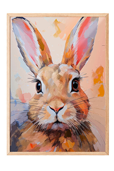 Zestia Tablou cu ramă din lemn, ilustrație cu iepure – culori pastelate, post...
