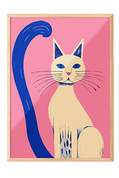 Zestia Tablou cu ramă din lemn, pisică minimalistă și coadă albastră, poster ...