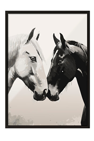 Zestia Siyah Çerçeveli Tablo, At Sevgisi – Siyah Beyaz Sanat, Salon Dekoru Po...