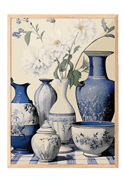 Zestia Tablou cu ramă din lemn, colecție de vaze albastre și albe – stil clas...