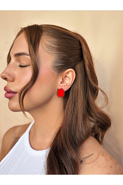 lesuvera Çelik Kırmızı Renkli Simli Oval Yuvarlak Vintage Küpe