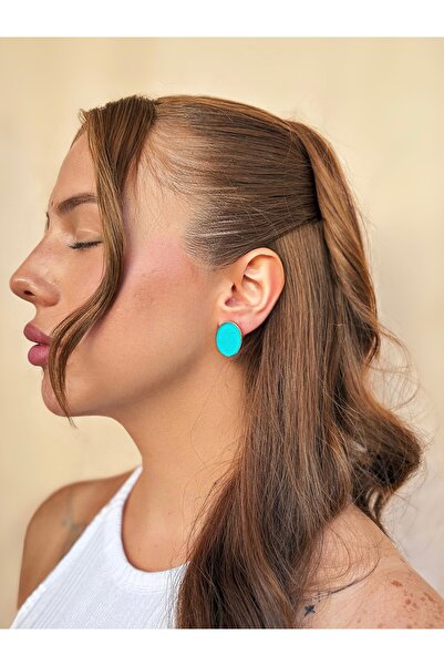 lesuvera Çelik Mavi Renkli Simli Oval Yuvarlak Vintage Küpe