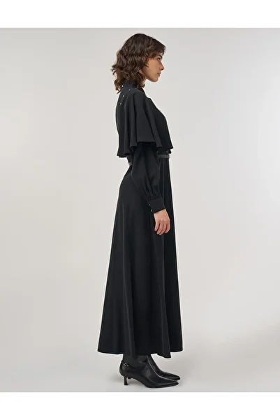 Kayra Belt Detailed Maxi Rayon Dress Black