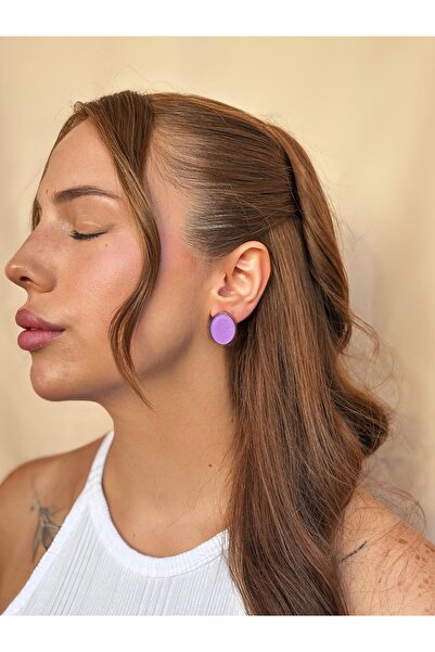 lesuvera Çelik Mor Lila Renkli Simli Oval Yuvarlak Vintage Küpe