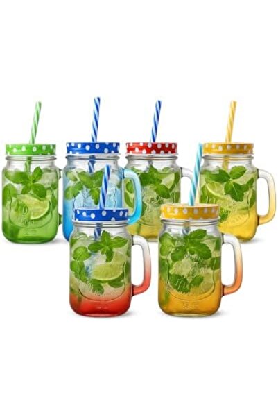 SAQOWARE Pack 6 Colorful Mason Jar Drinking Glasses with Handles, Lids & Straws