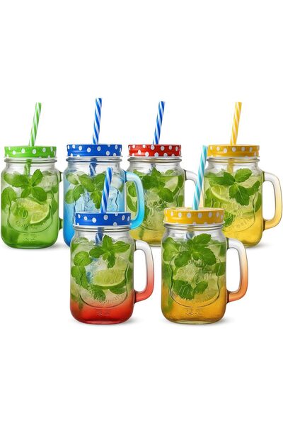 SAQOWARE Pack 6 Colorful Mason Jar Drinking Glasses with Handles, Lids & Straws