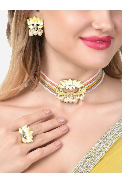 erorex Multicolor Crystals Beaded Multistrand Lotus Meenakari Choker Necklace Earring & Ring Set Women