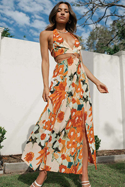 Song Feng Ya V-neck Orange Halter Neck Elegant Slit Long Dress M Size Suitable for Waist about 66cm