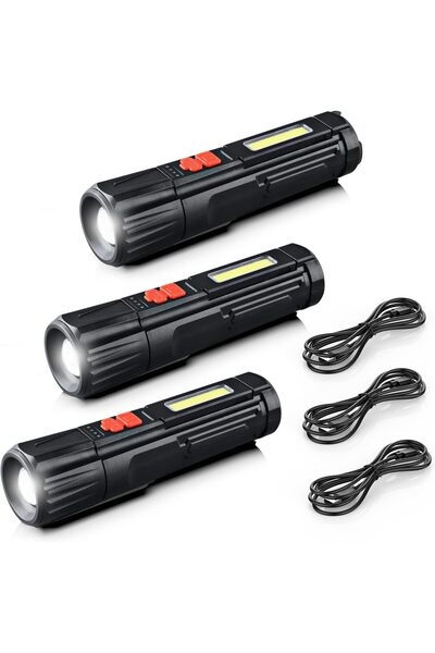 erorex مجموعة من 3 مصابيح يدوية صغيرة قابلة لإعادة الشحن عبر USB ومزودة بإضاءة LED ومضادة للماء وقابلة للتكبير والتصغير