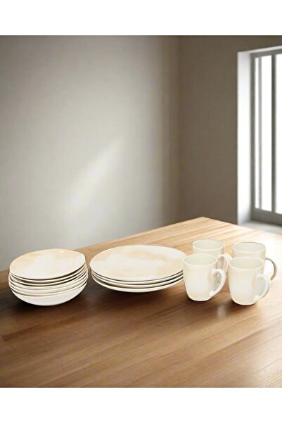 erorex Cream Marble Print Dinner Set (16 Piece), Off White, One Size